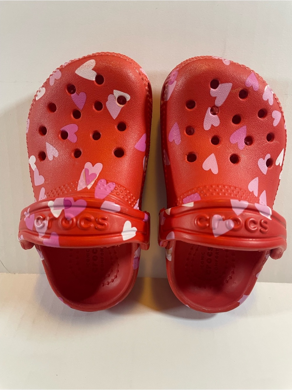 CROCS Kids Red Clogs with Pink and White Heart Print